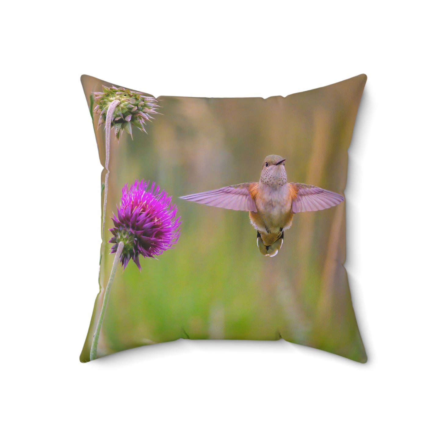 "THISTLE WINGS"  Hummingbird Photo Pillow